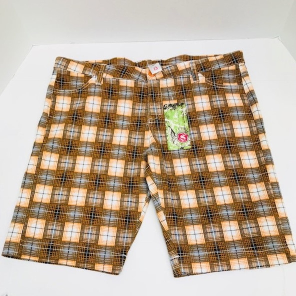 Shorty Women’s Juniors Shorts Orange Brown White Plaids 10" Inseam Size 13